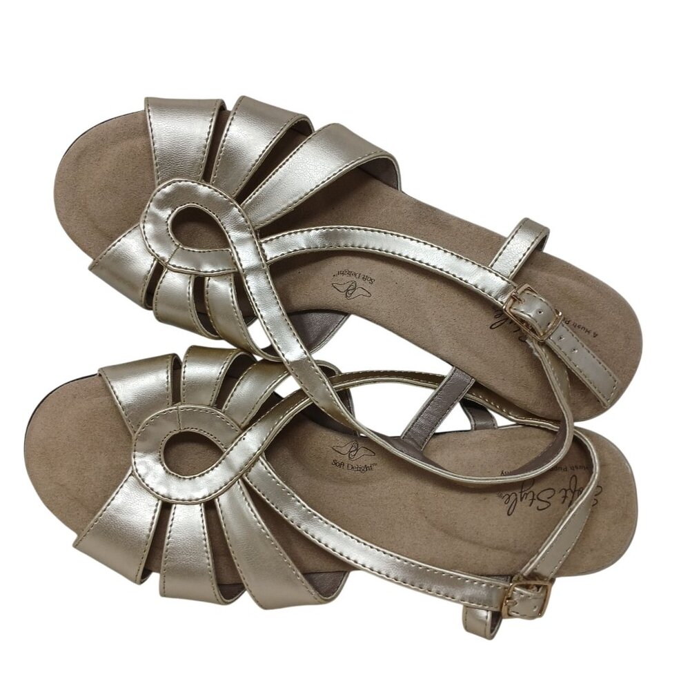 Soft Style By Hush Puppies Gold Wedge Sandals 9.5W Faux Leather Adjustable Strap